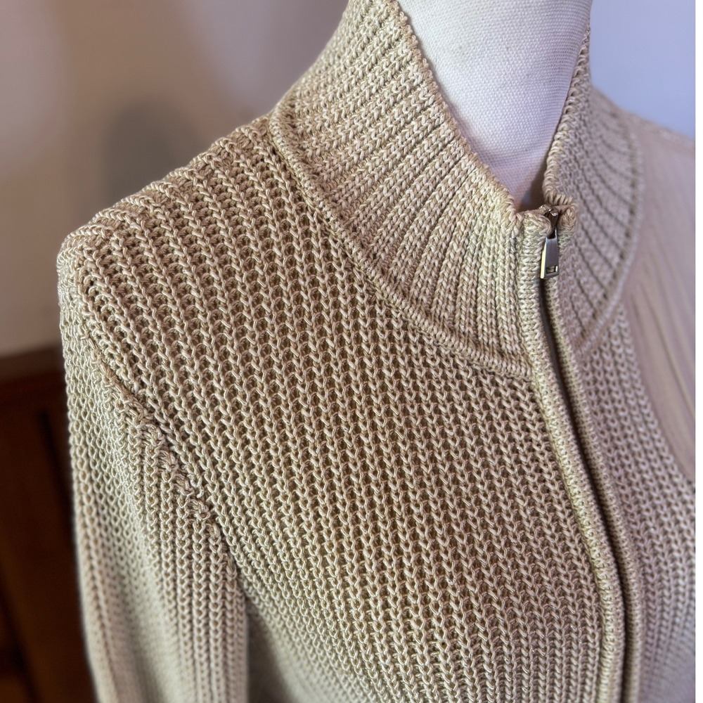 St. John Womens Beige Wool Silk Metallic Cardigan Sweater Elbow Patches Medium - Picture 4 of 9